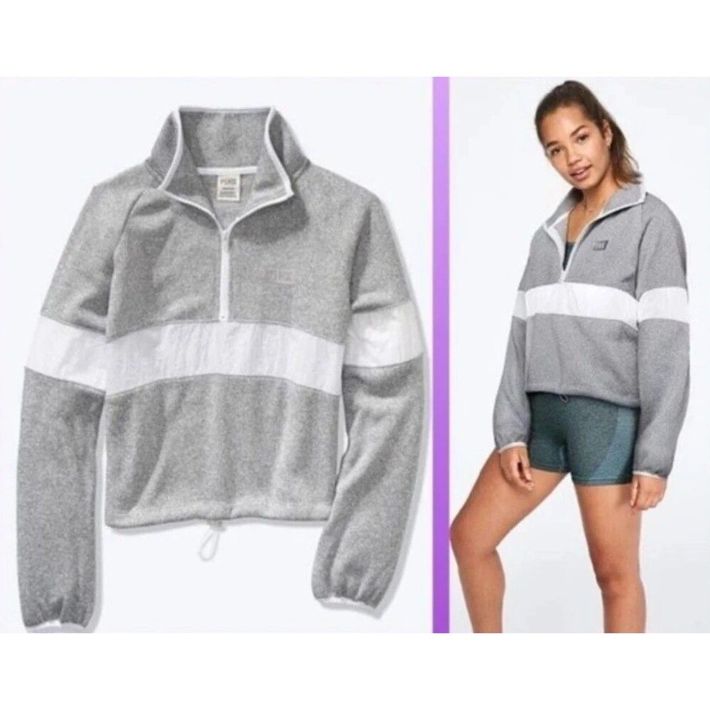Victorias Secret Pink Sweater Small Knit Crop Gray 1/2 Zip Cinch Waist